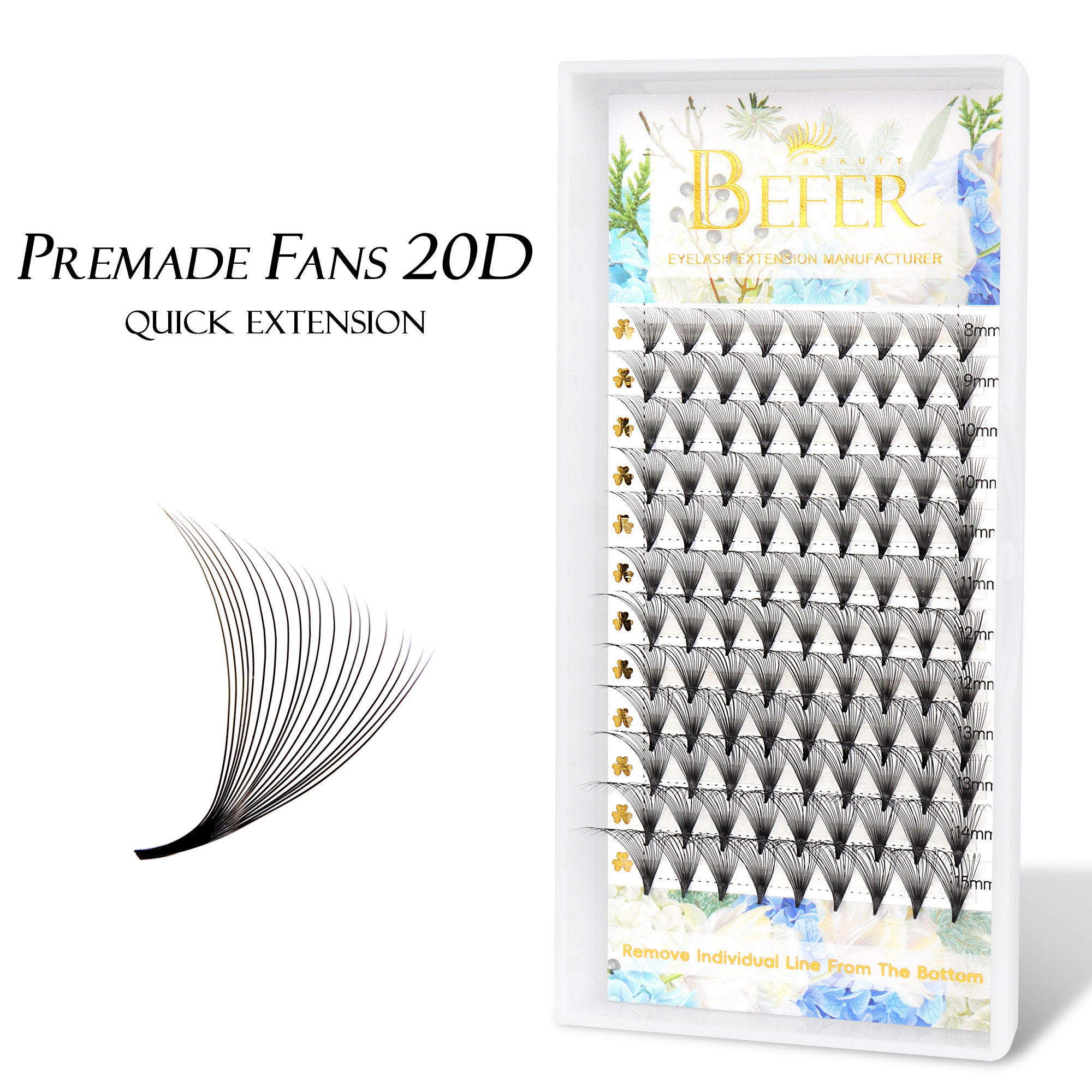 BEFER 20D Premade Fan Lashes Long Sharp Stem Pointy Base พัดลมปรับระดับเสียงแบบพรีเมด 
